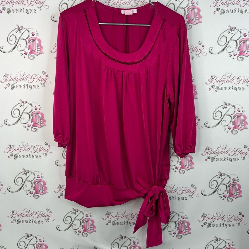 Dressbarn woman pink shiny tie up ribbon π Fuchsia Blouse with Tie Detail